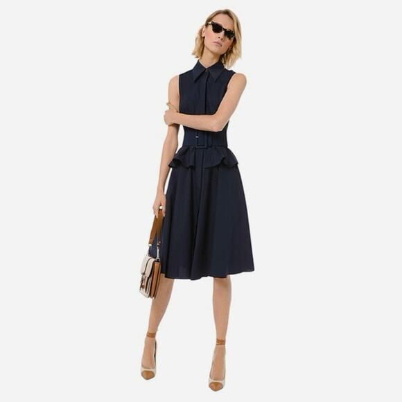 MICHAEL KORS COLLECTION Cotton Poplin Peplum Sleeveless Shirtdress Navy EUC Sz 4 - Picture 1 of 10